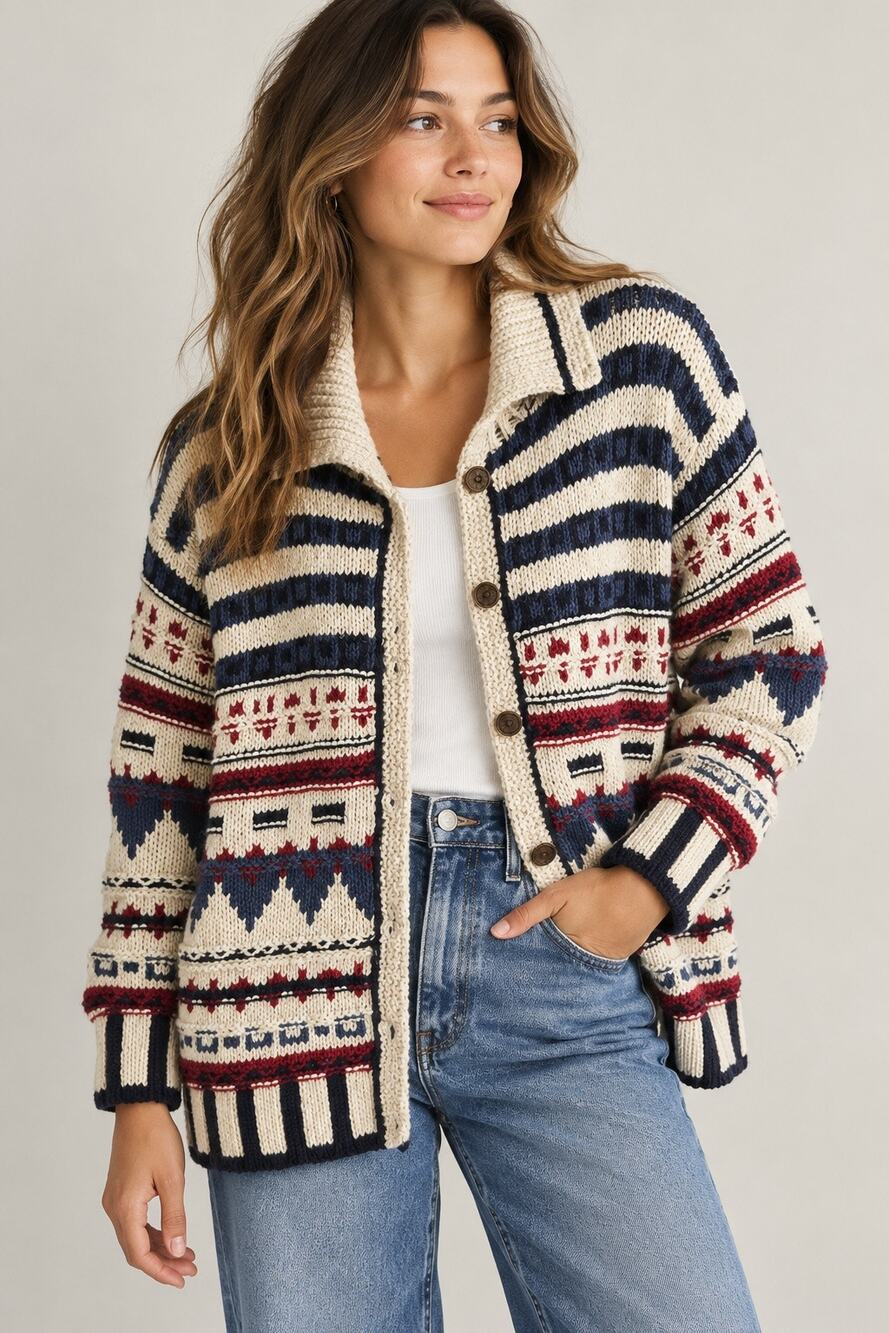 Eddie Bauer Legend Hand-Knit Fair Isle Nordic Cardigan Sweater